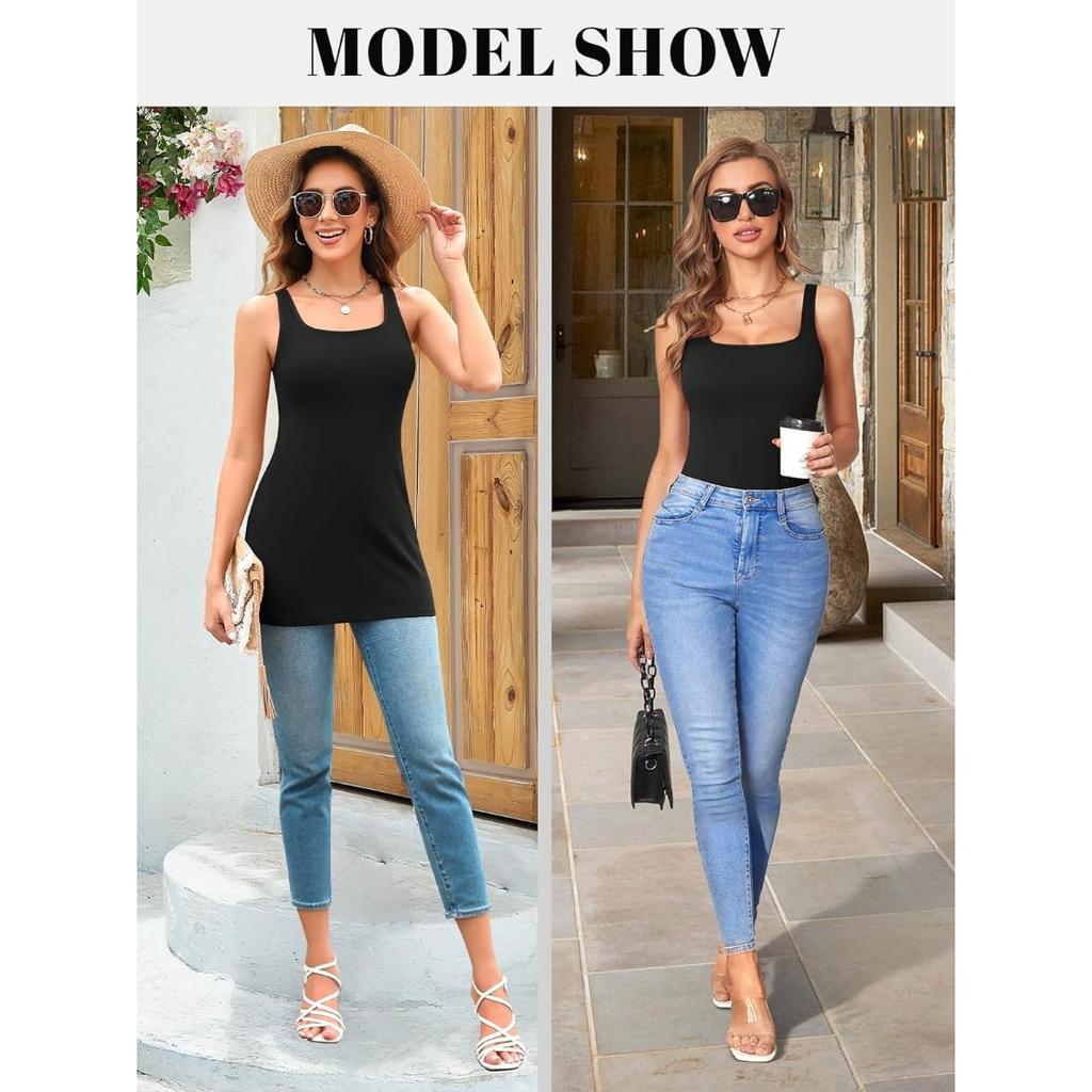 CHARMLEAKS Langes Tanktop für Damen mit Regal-BH, quadratischer Ausschnitt, breite Träger, Camisole, Sommer-Unterhemden aus Baumwolle