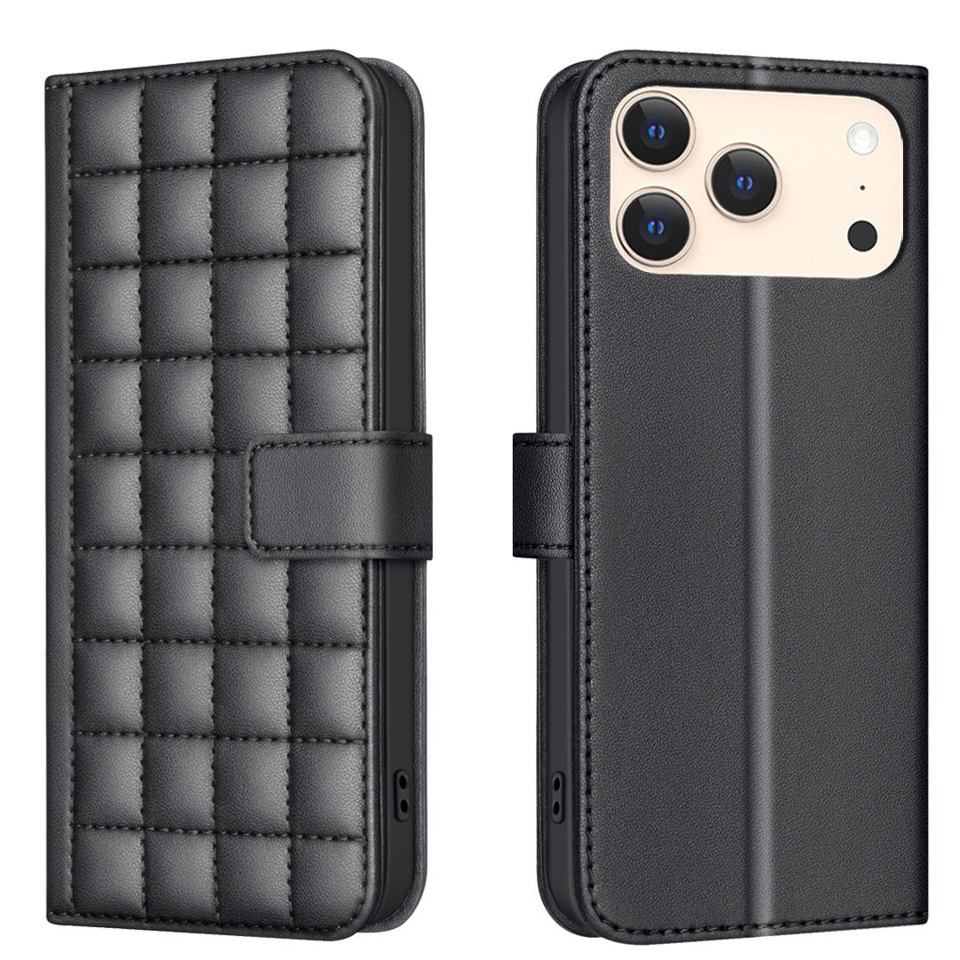 

For iPhone 17 Pro Max Leather Case BINFEN COLOR Square Grid Wallet Stand Phone Cover Black