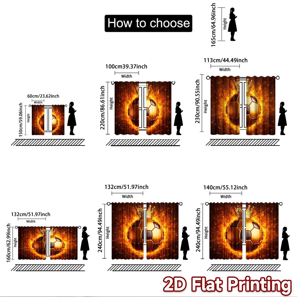 2D Flat Printing 2pcs Curtain Party Curtains Fiery Soccer Crown Digital Printed Polyester Drapes Festive Curtains for Holiday