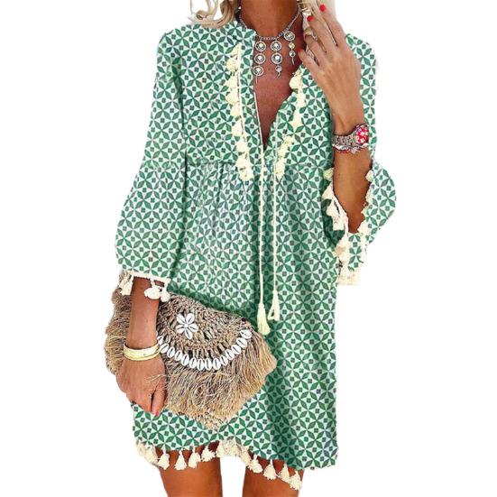 

Женское богемное платье с рукавом 3/4 и принтом пейсли, мини-свободное платье с кисточками на весну/лето XL зелёный