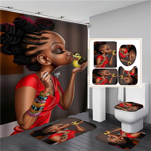 4PCS Full Set Bathroom Curtain Set Elegant African Black Woman Shower Curtain Hooks Modern Bath Mat Toilet Lid Cover Anti-slip Bath Mats