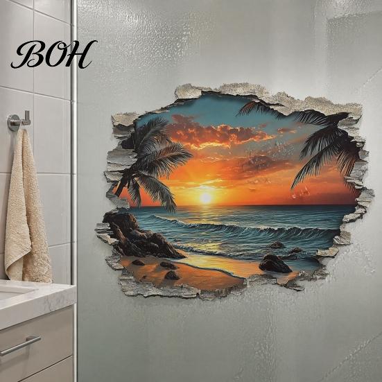 Easy Installation Wall Coverings 3D Beach Scenery Sticker, Sunset Coconut Tree Mural, PVC Waterproof Decal, Application Art Decor Removable for Living