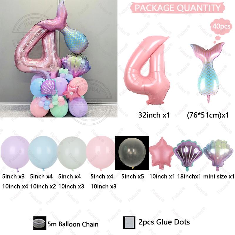 40pcs Gradient Mermaid Tail Shell Balloon 32inch Pink Numbers 1-9 Birthday Balloon Set Ocean Themed Party Decoration Photo Props