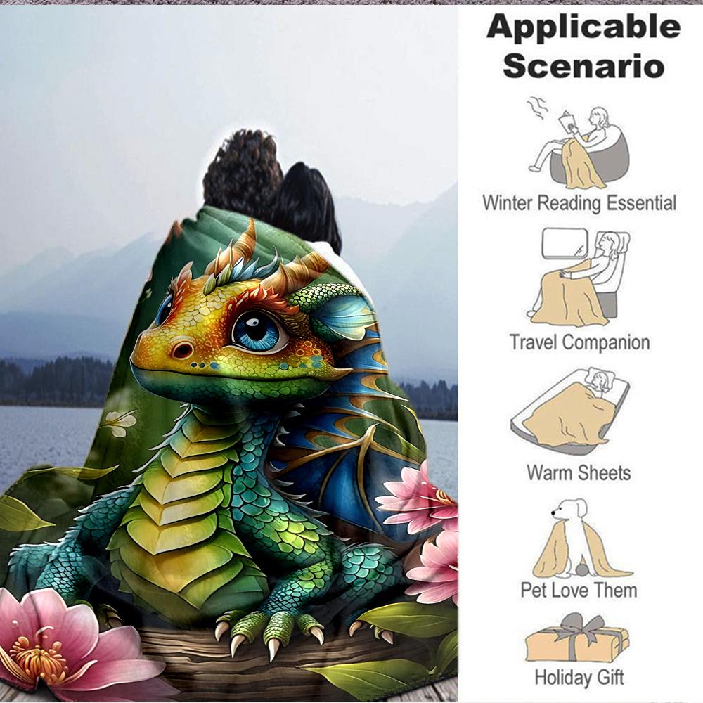1pc Dragon Flowers Blanket, Lightweight Flannel Throw Blanket For Sofa, Bed, Travel, Camping, Living Room, Office, Couch, Chair, And Bed