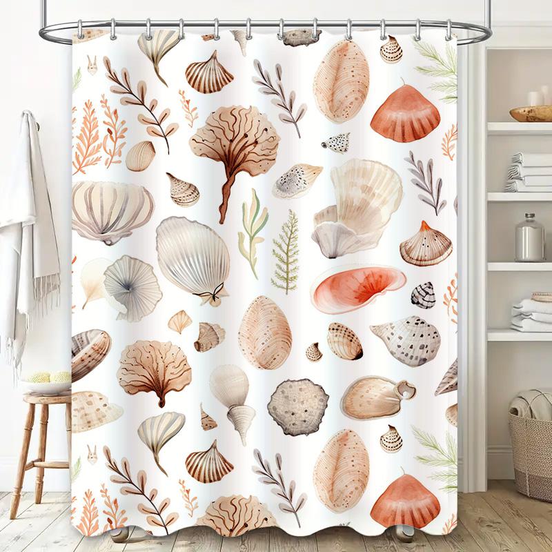 Seashell Print Shower Curtain Waterproof Bathroom Decor Wall Hanging With Various Colors Shell Pattern White