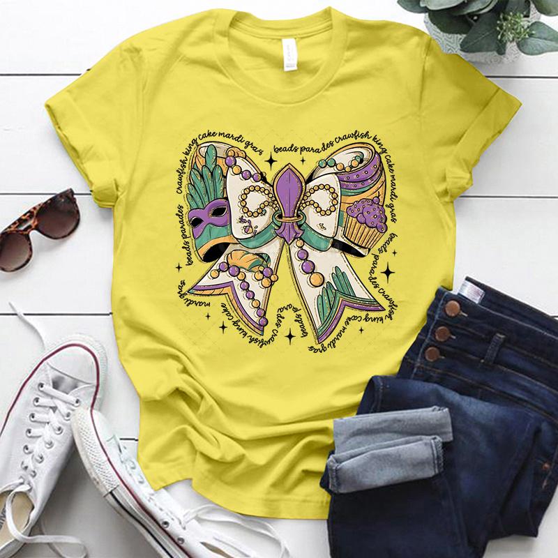 Mardi Gras Coquette Bow Design Tshirt Women Mardi Gras Vibes Vintage T Shirt Crew Neck Fat Tuesday Carnival Bow Shirt for Women