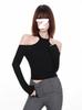 Minimalist Solid Color One Shoulder Crop Top With Spliced Long Sleeves For Casual Wear