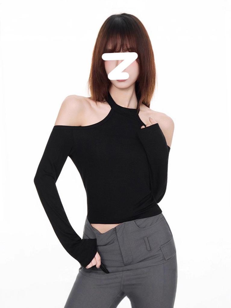 Minimalist Solid Color One Shoulder Crop Top With Spliced Long Sleeves For Casual Wear