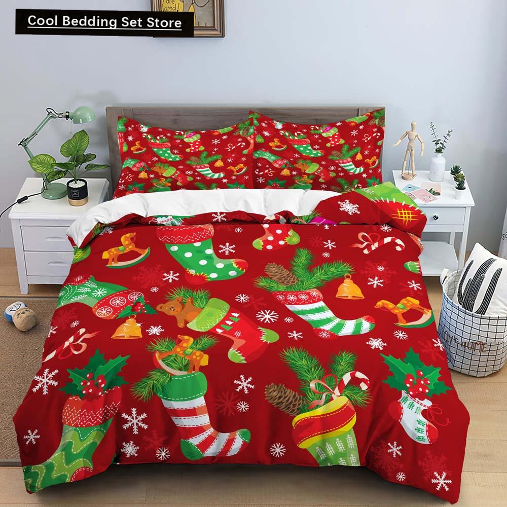 3D Christmas King Queen Duvet Cover Set Kids Cartoon Merry Christmas Red Quilt Cover 2/3pcs Polyester Beddings Set Single Double