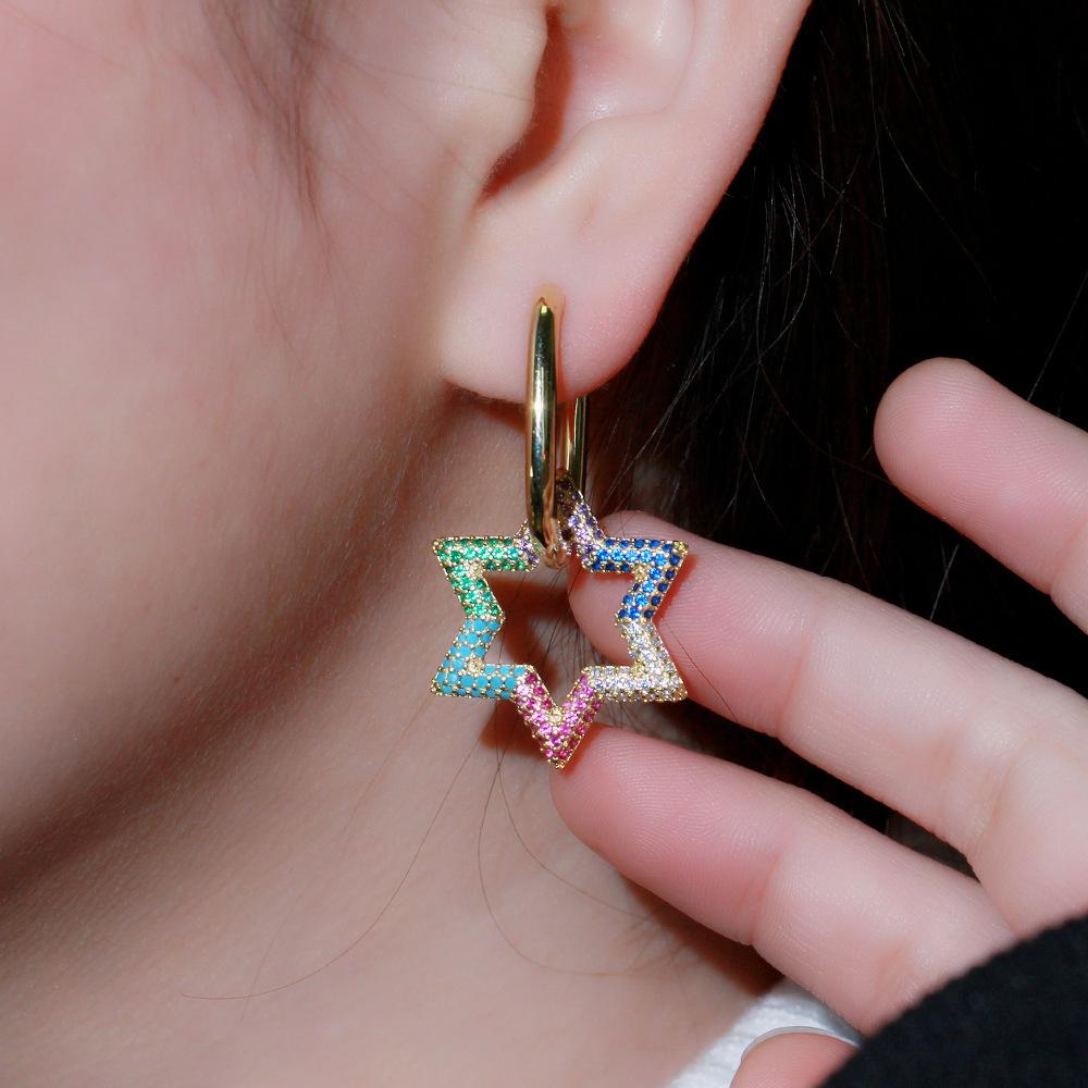 Hip Hop Ladies Heart Earrings Color Zircon Creative Pentagram Ear Buckle Earrings