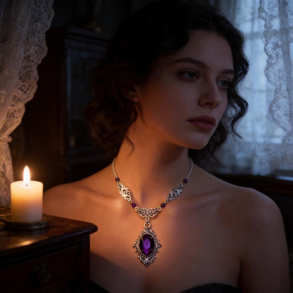 Viktorianische Gothic Halskette Mit Tief Lila Glas Edelstein Legierung Anhänger Für Frauen