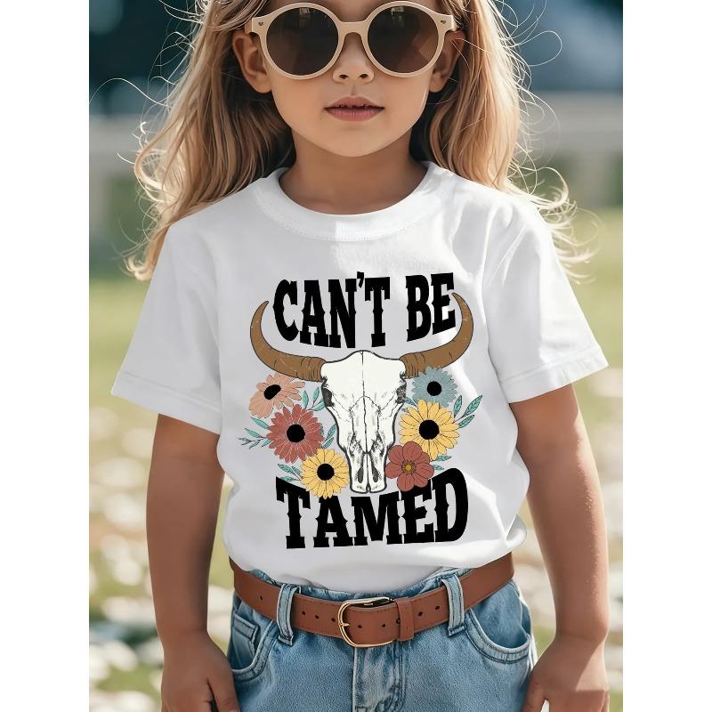 

European sizes Summer Fashion Girls Short Sleeve T-Shirt CAN T BE TAMED Six Flowers Bull Skull Letter Cartoon Print Casual Versatile Top 98cm белый