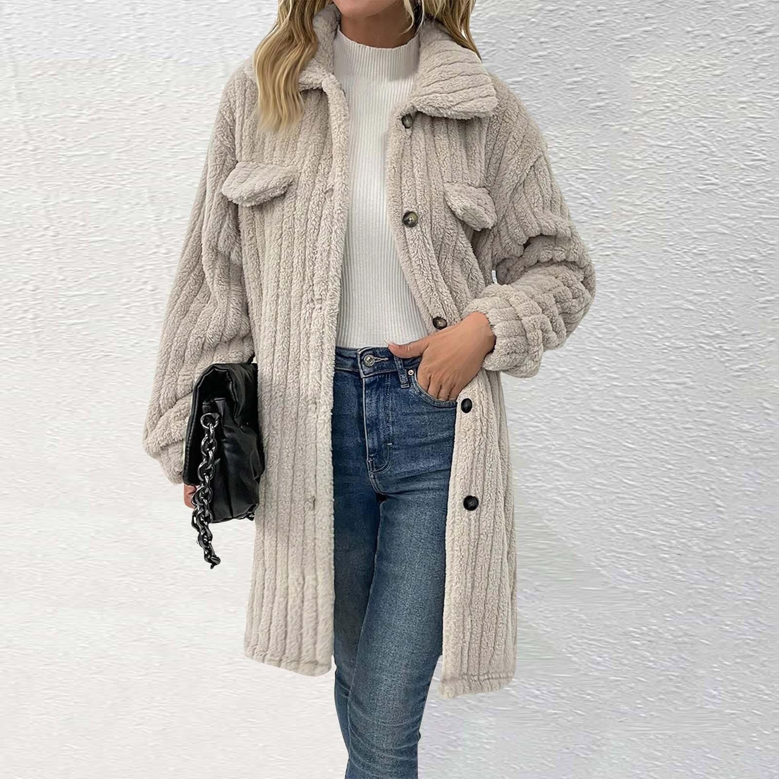 

Жіноче модне однотонне вовняне пальто з лацканами та довгими рукавами L бежевий