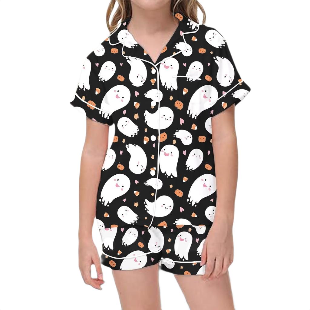 Kids Halloween Print Short Sleeve Pajama Set with Lapel Collar Top and Matching Shorts
