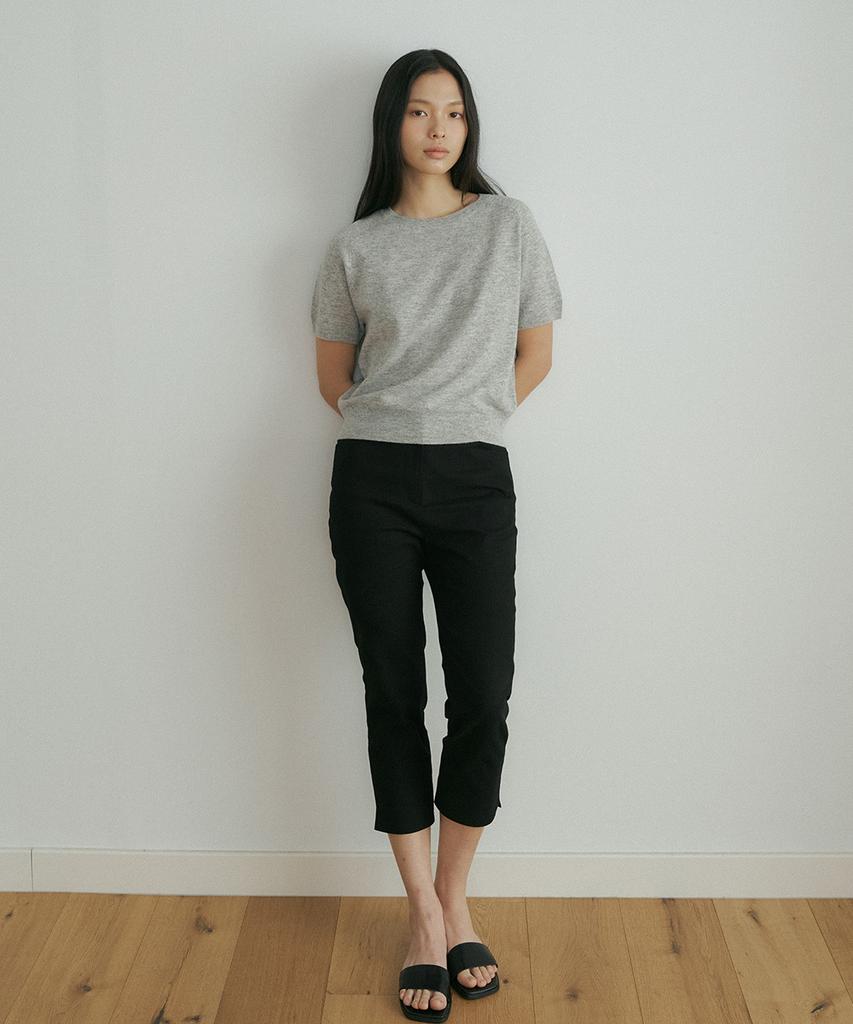 Lingseoul Wool Round Neck Half Sleeve Knit Top-Melange