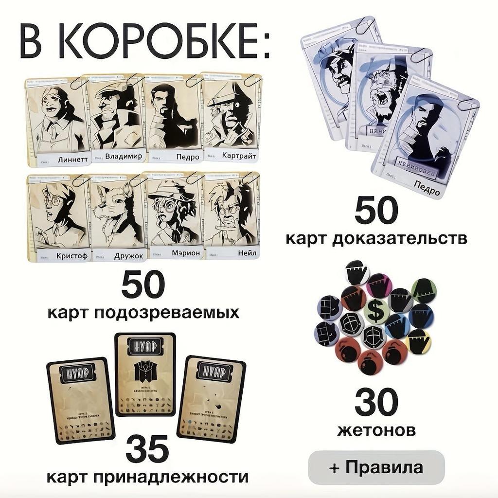 Detective Deduction Board Game Noir Russian Edition Card Game Party Game for 2-9 Players Teens & Adults