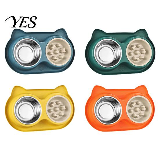 Slow Feeding Dog Bowl Double Bowls Pet Feeder, Feeder And Stainless Steel Bowl, Bone-shaped Spill-Proof Anti-Slip Water Food Set for Indoor Cats Dogs