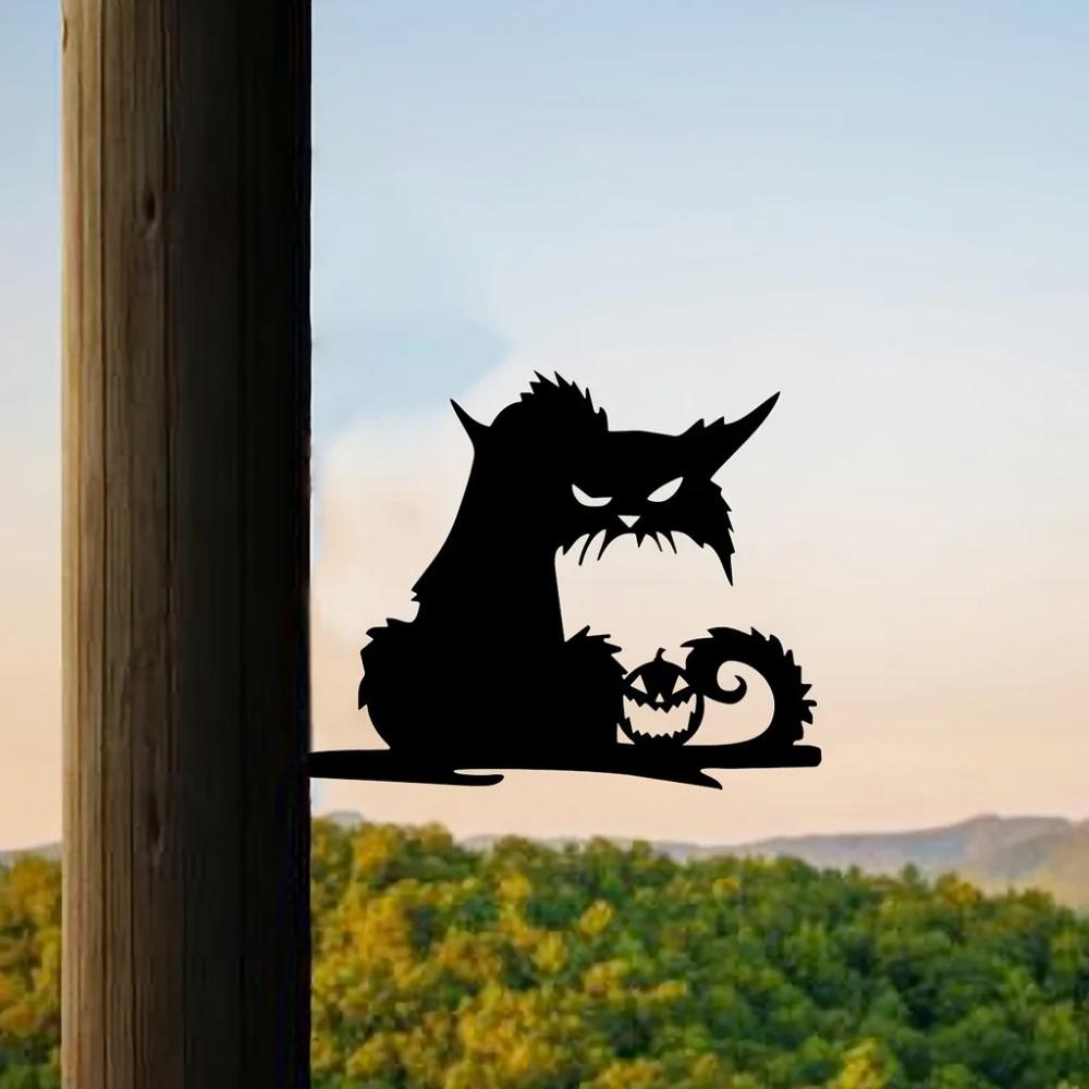 Hororová dýně, zlá kočka na větvi, ocelová silueta, kovová nástěnná dekorace - venkovní dekorace pro dům, zahradu, dvůr, terasu