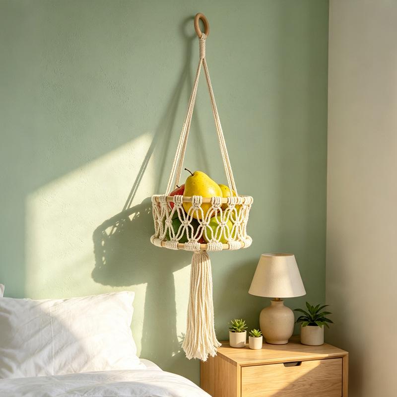 Handwoven Multi-Layer Bamboo Fruit Hanging Basket - Cotton Rope Kitchen Storage Rack