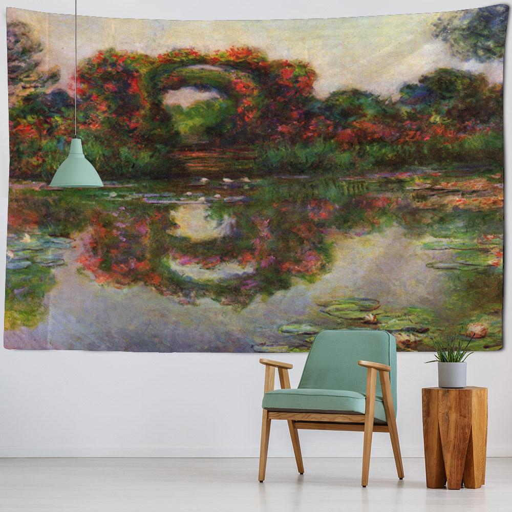 Retro oil painting, water lily print, tapestry, flower and plant wall hanging, home decoration, abstract aesthetic tapestry