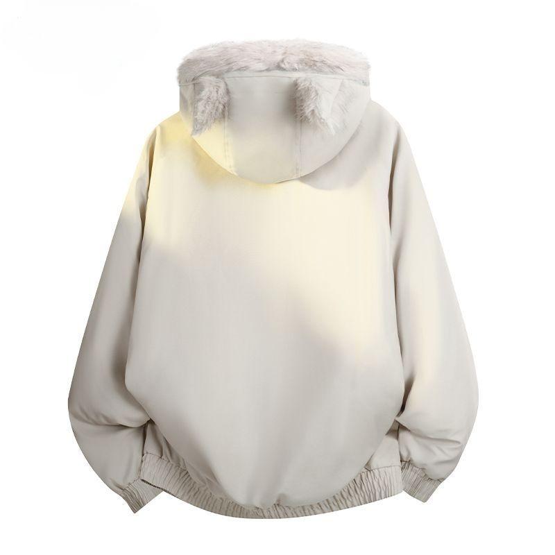 Women Winter Thicken Cotton Jacket Cat Ear Faux Fur Hoodie Cute Print Warm Parka Coat