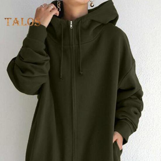 Fall Winter Hooded Jacket Zipper Closure Deawstring Hoodie Long Sleeves Loose Solid Color Warm Pockets Mid Length Neck Protection Coat