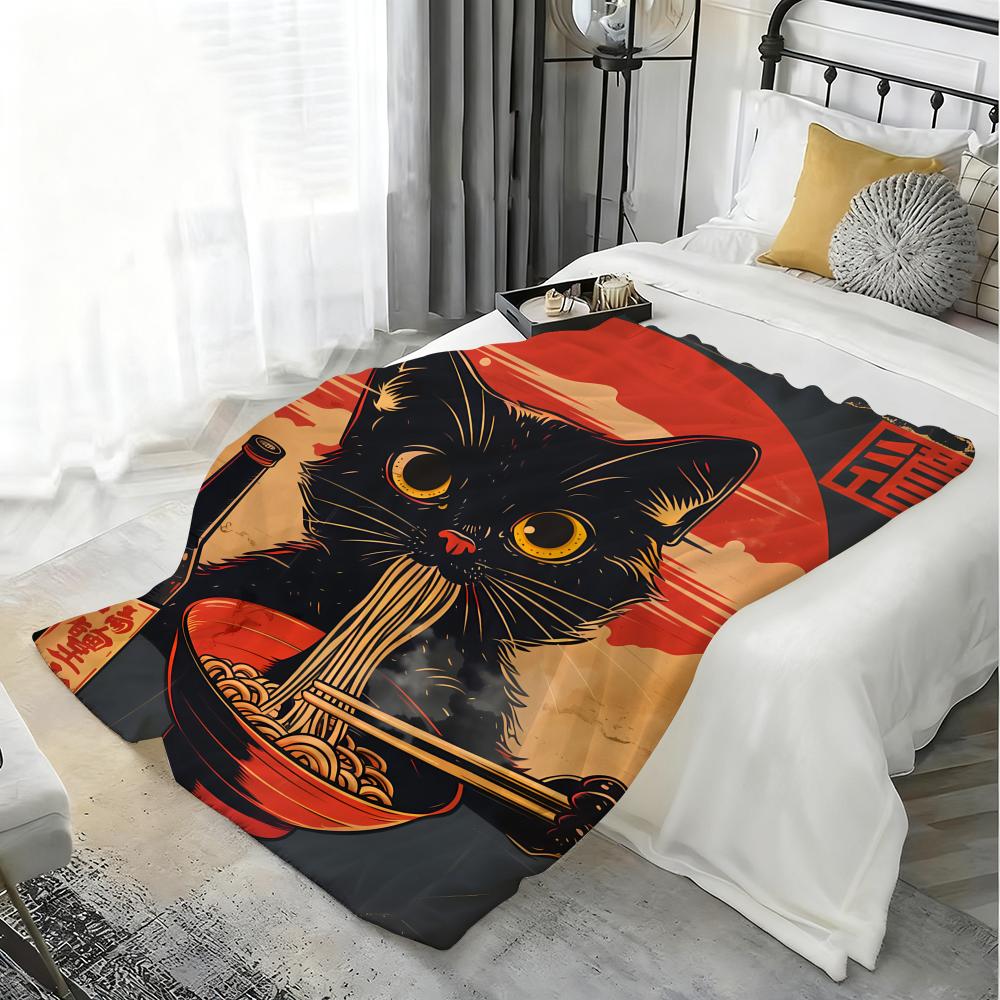 Black Cat Ramen Throw Soft Flannel Blanket Warm Knee Skin-Friendly Throw for Sofa Office Bed Traveling Winter Oversize