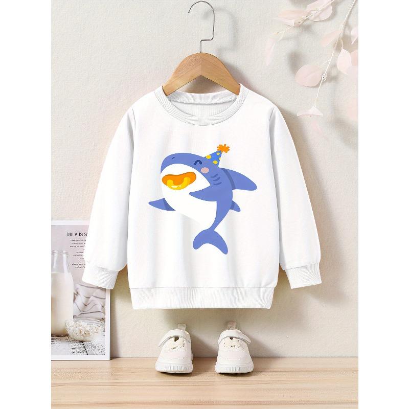 Shark Cartoon Print Casual Crew Neck Long-sleeved Sweatshirt , Trendy Pullover Sportswear For Spring And Autumn