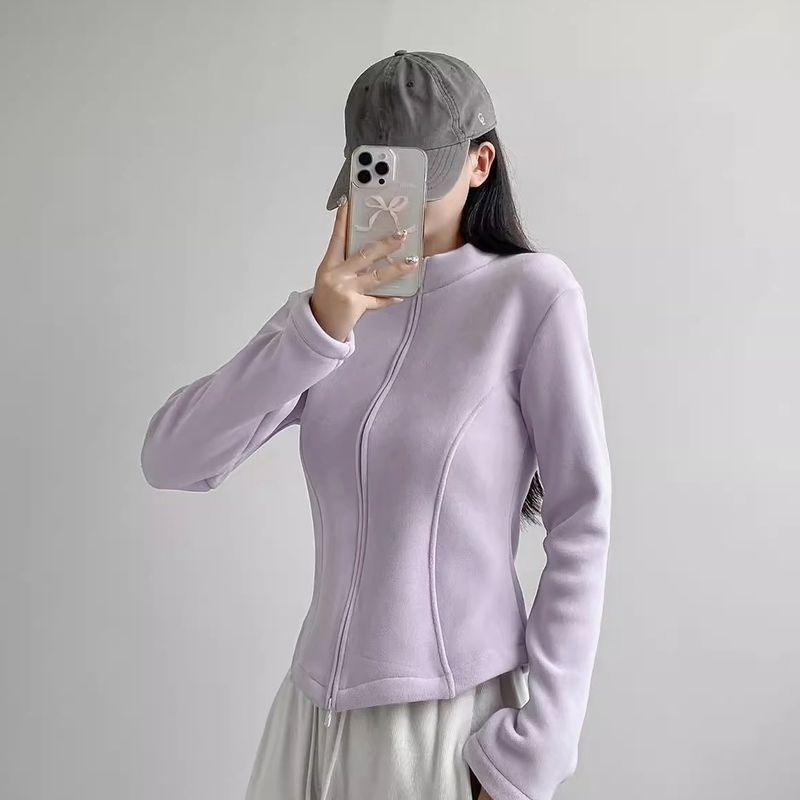Women Stand Collar Fleece Jacket Lady Girls Zip-up Sport Style Yoga Jacket Solid Cardigan Jacket
