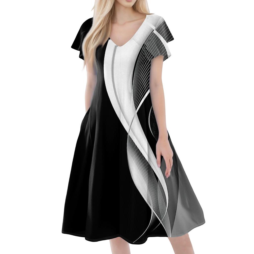 Women's Casual Fashion V-neck Short Sleeve Print Dress With Pockets