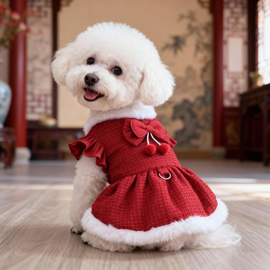 2026 New Outfit for Small Dogs Tweed Dog Dress with Bow & Pom-pom Decor, Ruffled Sleeves & Leash Ring, Elegant Daily