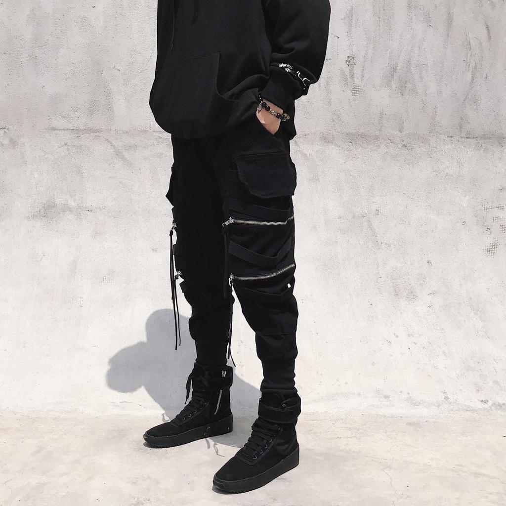 Men's Slim Fit Chinese Style Work Pants with Zipper and Ribbon Detail