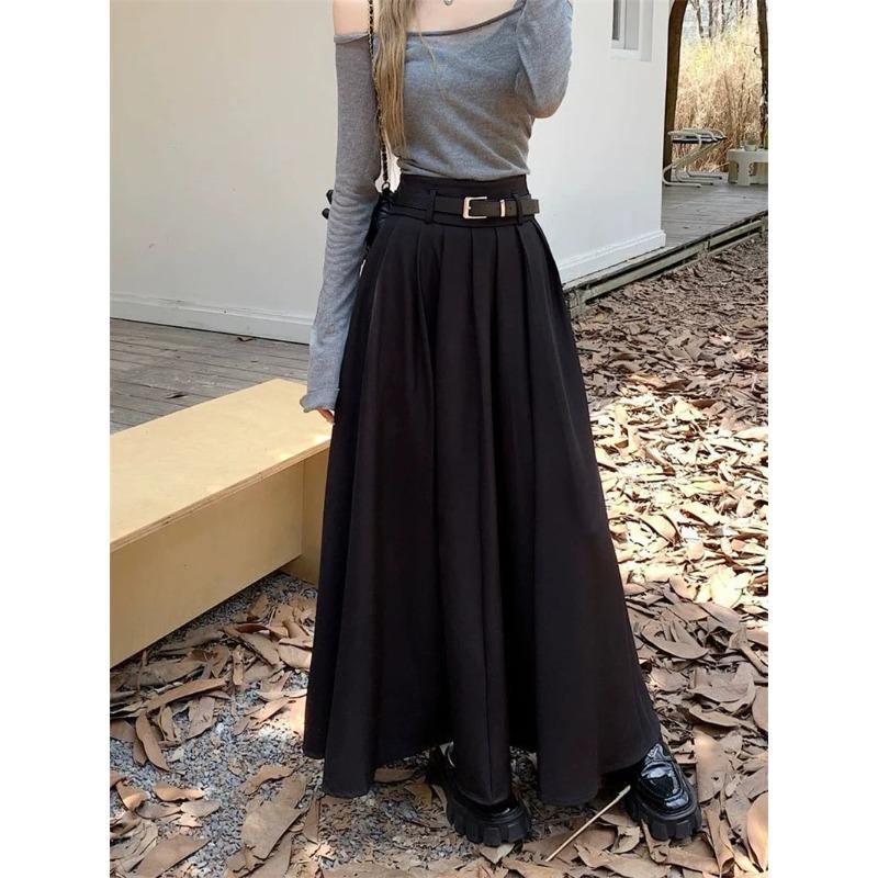 Women High Waist Jupe Korean Pleating Swing Skirt Vintage Fashion Spring Office Falda Holiday Loose Solid Long Skirt