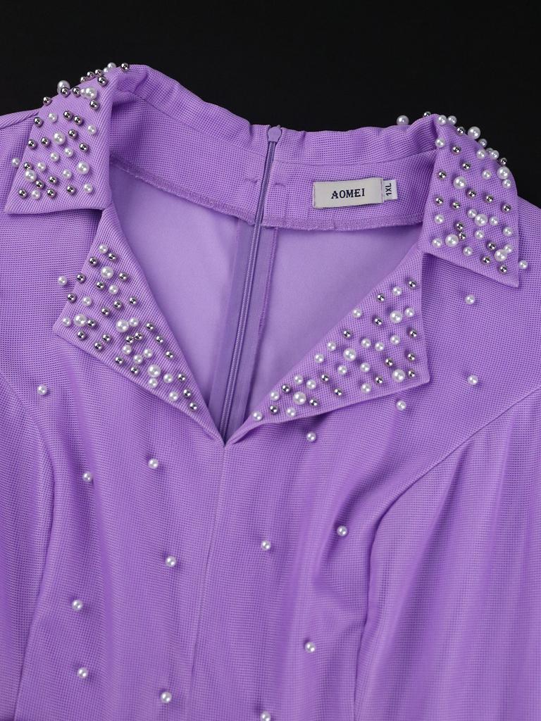 Lavender Elegant Women Pleated Midi Dress with Sashes Turn-Down Collar Beading Knee-Length A Line for Party Formal Gathering