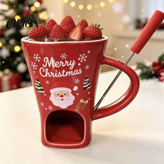 Winter Party Dessert Serving Dish Christmas Chocolate Fondue Mug with Tea Light Warmer & Forks, 155ml Ceramic Melting Gift for Lovers Pot Cheese