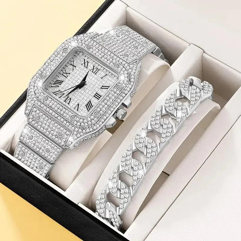 

2pcs Luxury Fashion Men Women Watch Set Silver Strap Ladies Quartz Wristwatch Alloy Bracelet For Ladies Gift (without box) срібний