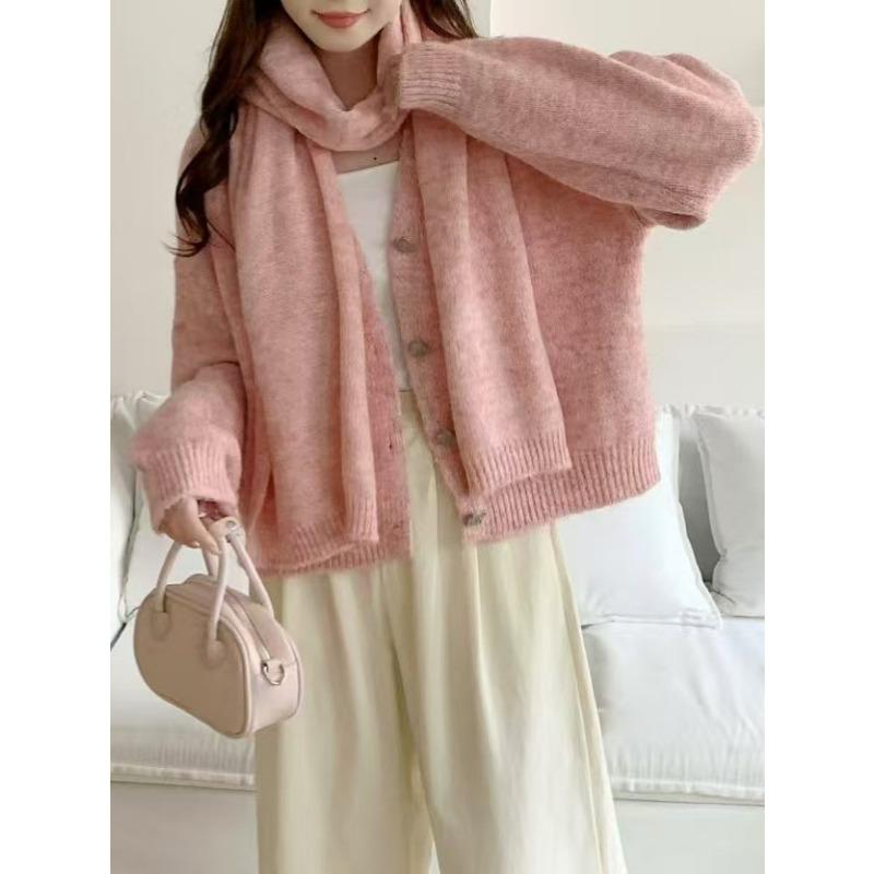 

Женская однотонная одежда с воротником, осенняя, ленивый ветер, шарф, свитер, женственность, омолаживающая, вязаный кардиган-двойка One size