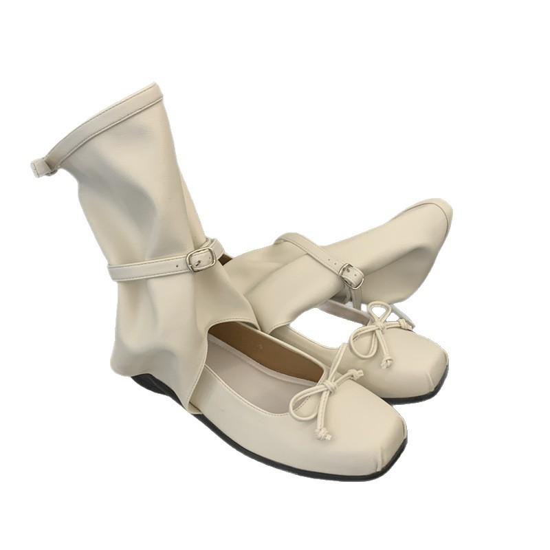 [Sheepskin version] Korean leather bow ballet stack boots female Mary Jane single shoes long boots high boots