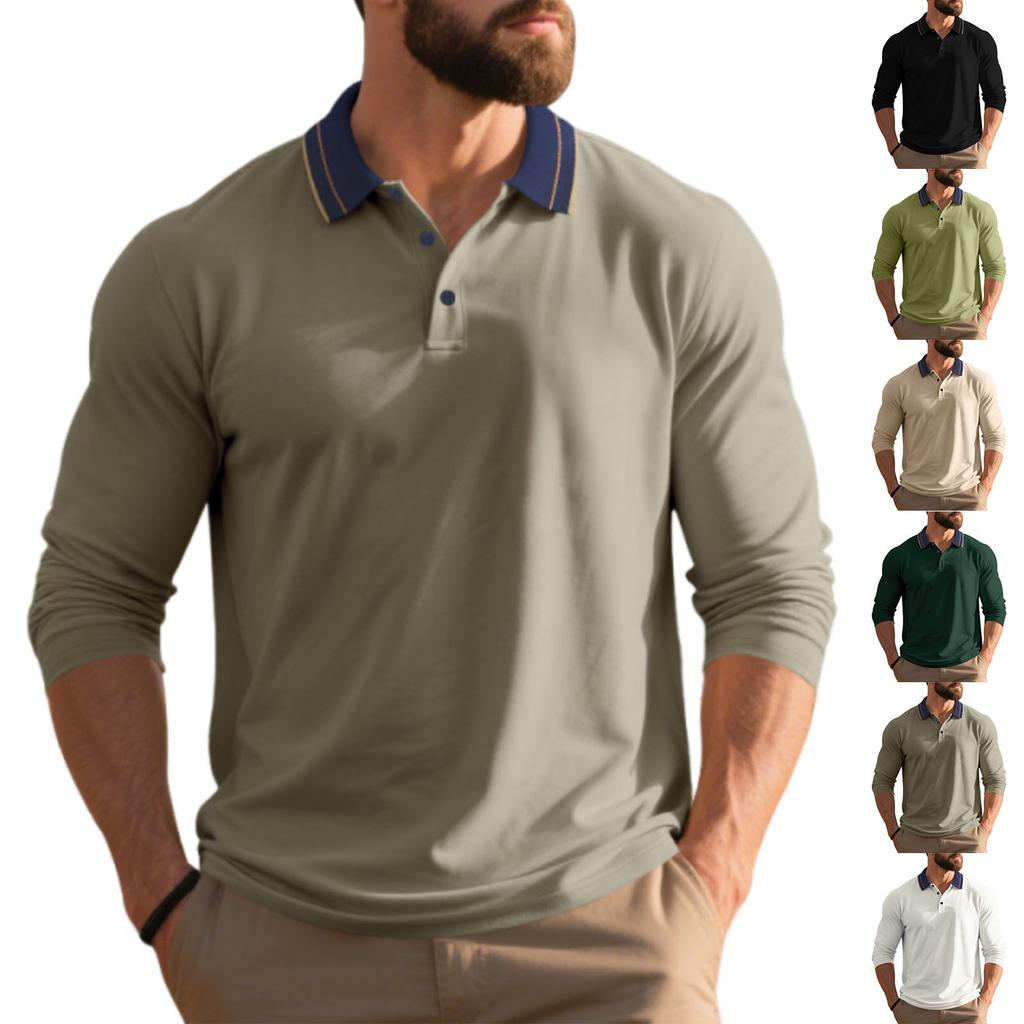 Men's Business Casual Loose Fit Long Sleeve Polo Shirt with Classic Collar Buttoned Placket Suitable for Everyday Wear and Office Use