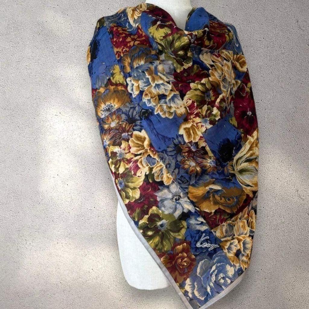 Used Kenzo Large Shawl, Thin Wool, Floral Pattern, 103cm, Stole