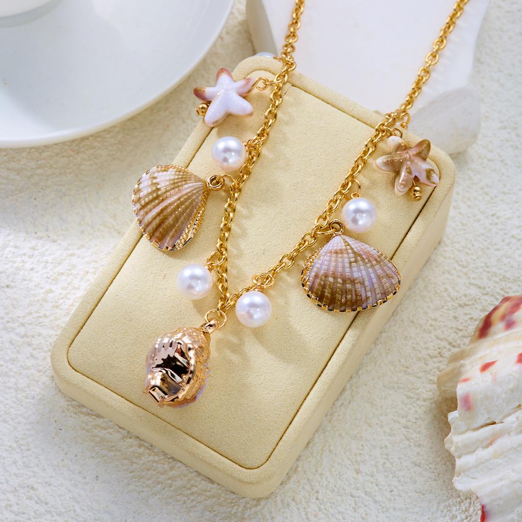 Boho Ocean Theme Jewelry Set for Women Metal Starfish Conch Imitation Pearl Pendant Earrings Necklace Beach Party Jewelry Gifts
