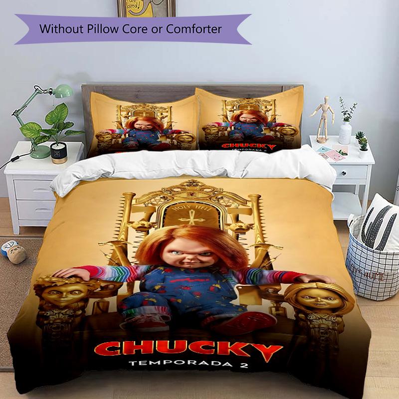 Set de așternut cu imprimeu Chucky'S Throne Returns 3 buc. Husă de pilotă cu 2 fețe de pernă Cadou de casă pentru ziua de naștere