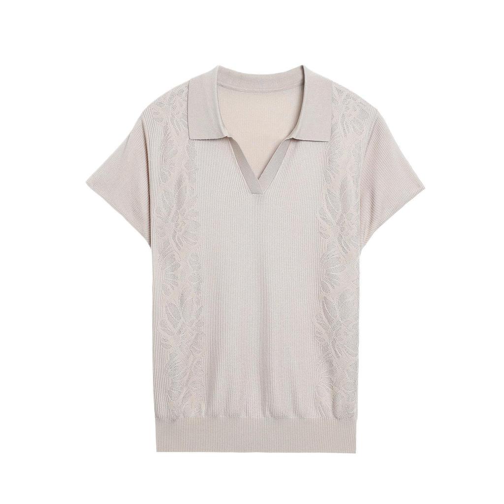 Mom's Summer Lapel Loose Knit Ice Silk Top - Elegant, Age-Reducing, Short-Sleeved T-Shirt for Middle-Aged Women