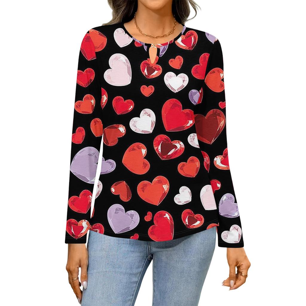 Women's Casual Round Neck Hollow,out Pullover Long Sleeve Valentine's Day Heart Print T,shirt Top
