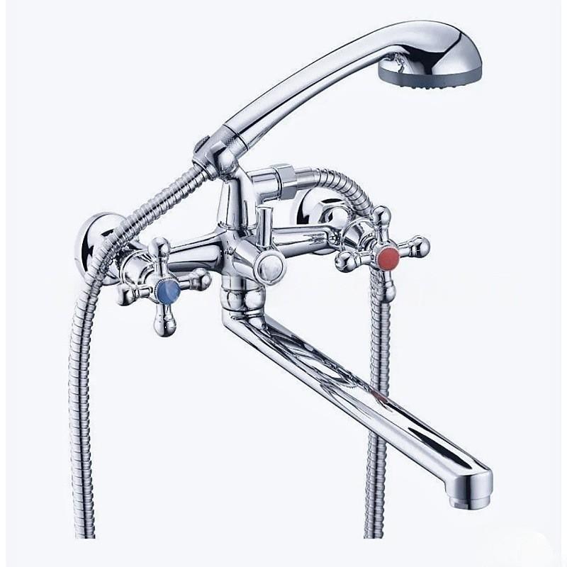 Wall-Mounted Bathtub Shower Faucet Set With Extended Hose Dual Handle Mixer Tap Modern Chrome Finish