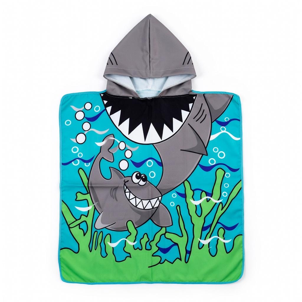 Ocean Adventure Shark Flat Print Hooded Beach Towel Kids Toddler Boy Summer Vacation Beach Pool Poncho Cloak Changing Robe