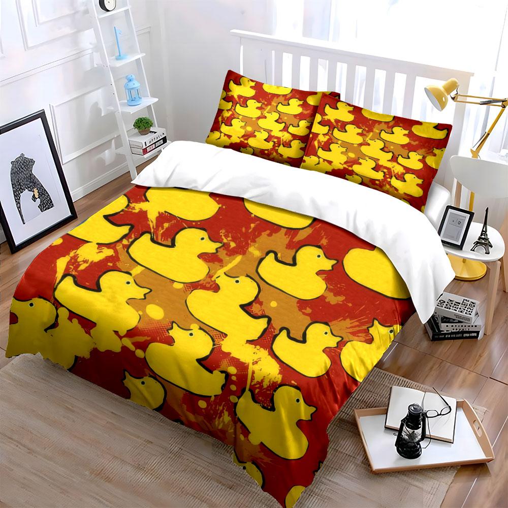 Yellow Duck Pattern Home Decor Soft Comfortable Duvet Cover Bedding Set Included 1*Duvet Cover & 2*Pillowcases, Gift