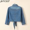 BITCED Tie-Knot Mid-Sleeve Short Cape Denim Shirt for Women Lightweight Short Jacket