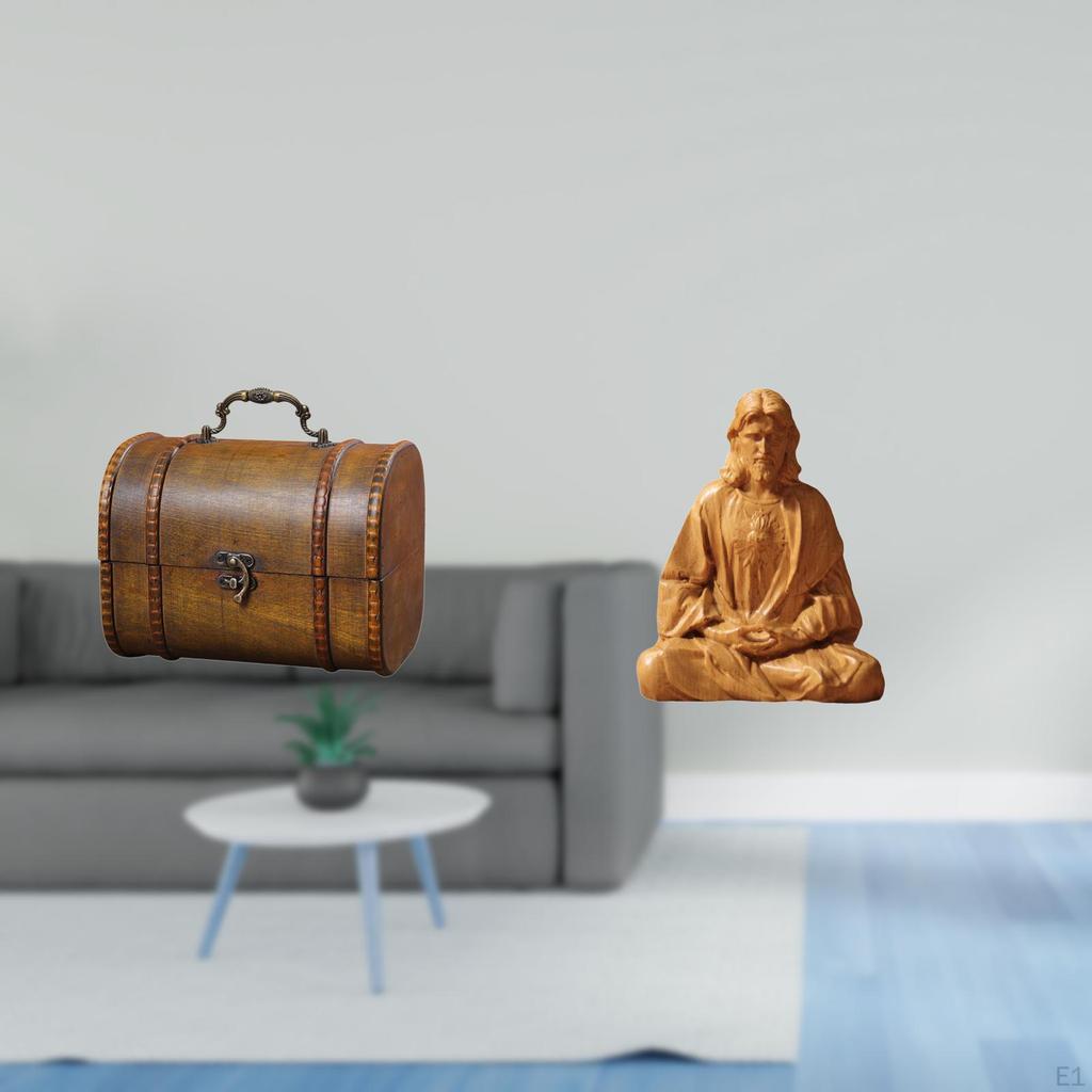 Vintage Wooden Jewelry Box Organizer with Sacred Heart of Jesus Statue Decorative Treasure Chest for