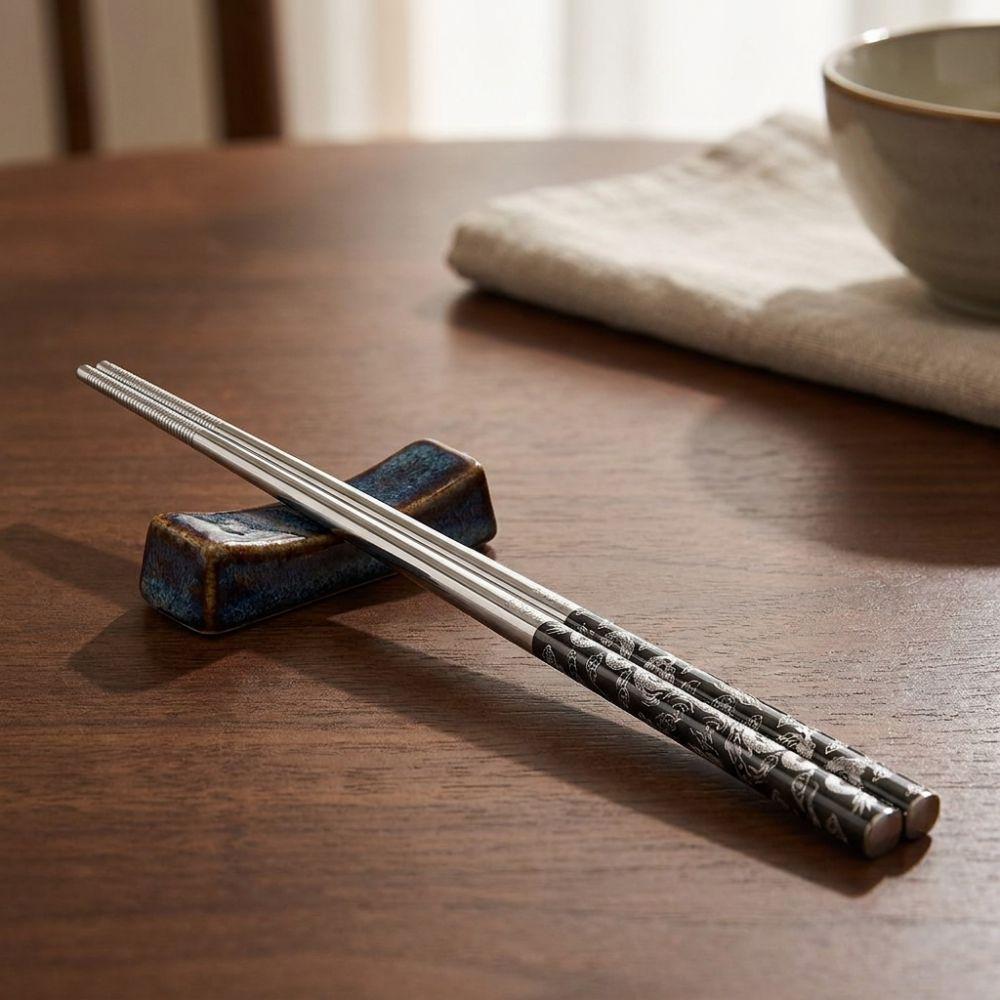 5 Pairs Non-Slip Stainless Steel Dragon Patter Chopsticks Mold-resistant Sushi Chopsticks Home